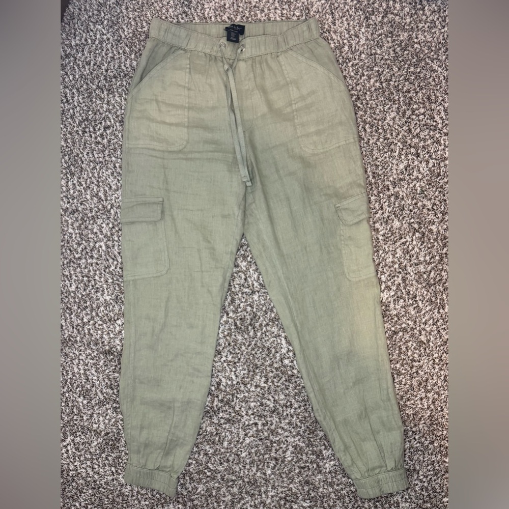 Nicole Miller New York 100% Linen Cargo Jogger Pants Olive Green Size Medium